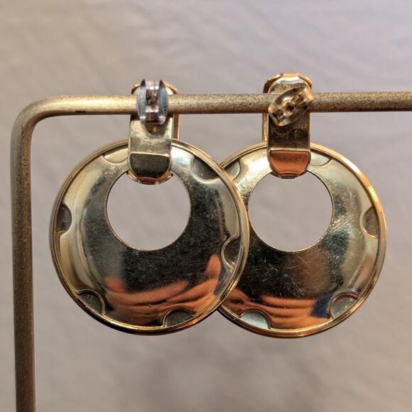Vintage 80s High Polished Gold Tone Door Knocker Hoop Post Earrings - Picture 2 of 5